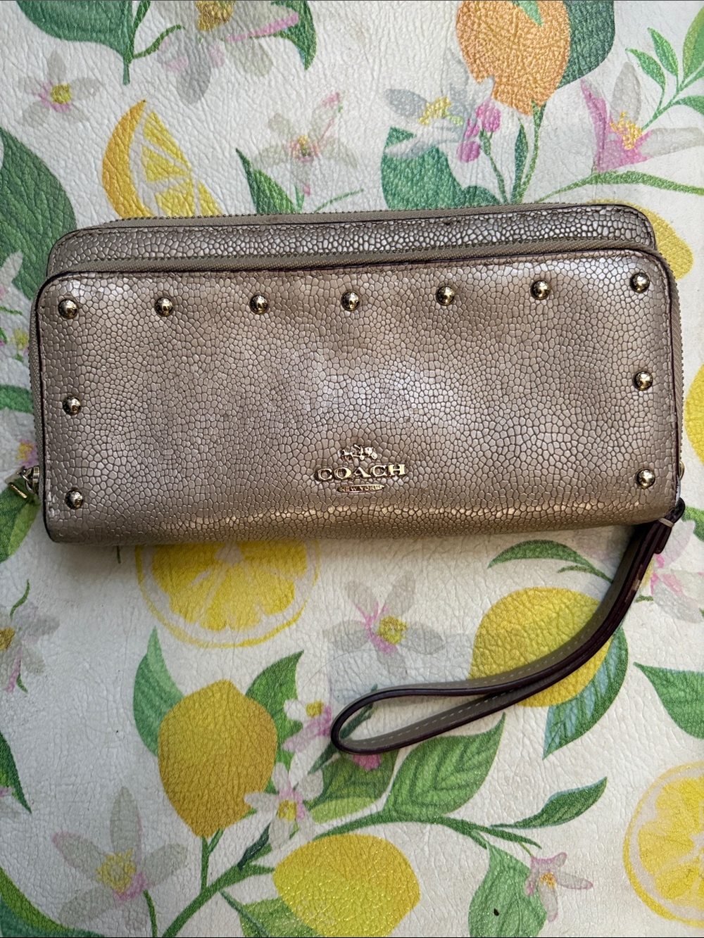 Coach Metallic Taupe Clutch with Stud Accents